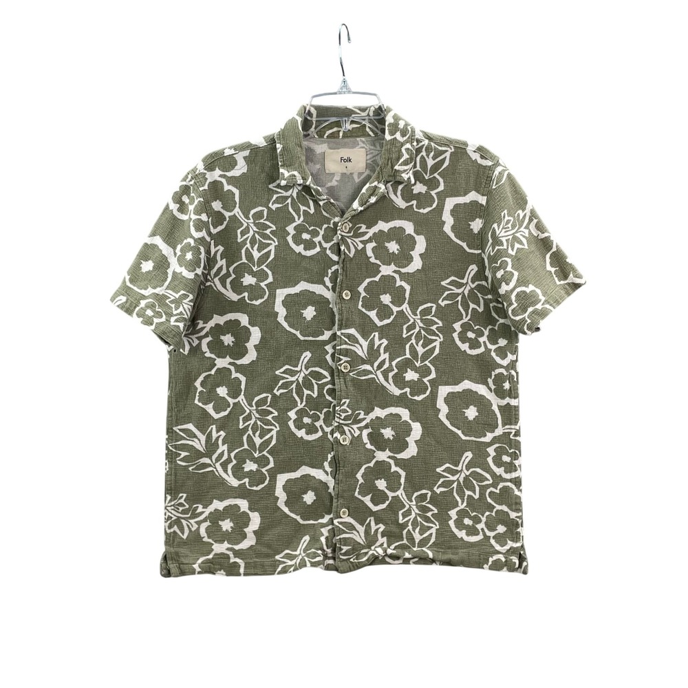 Folk Button Down Shirt Men's S Green Floral Waffle Weave Short Sleeve Cotton Top